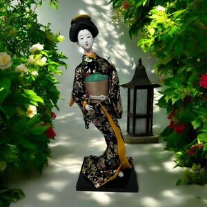 Japanese Geisha Doll Traditional Kimono Black Gold Bends Dancing Stand Vintage